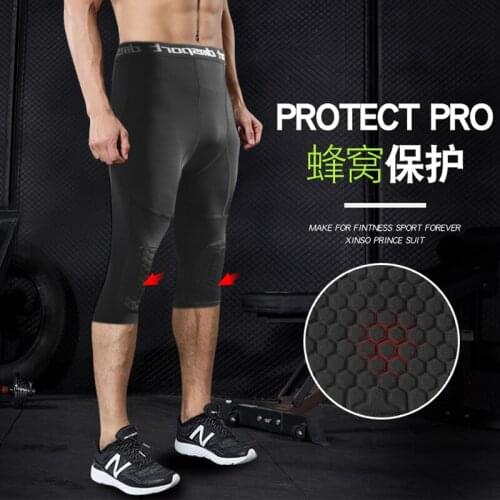 Basketball Compression Leggings Mens Running Tights Honeycomb Knee Pads Quick Dry Bottoms Mens Padded Three-Quarter Tights Gym