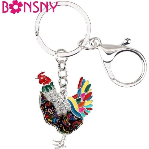 Bonsny Metal Enamel Rhinestone Chicken Hen Key Chains Keychain Keyrings Farm Animal Jewelry For Women Girls Bag Car Charms Bulk