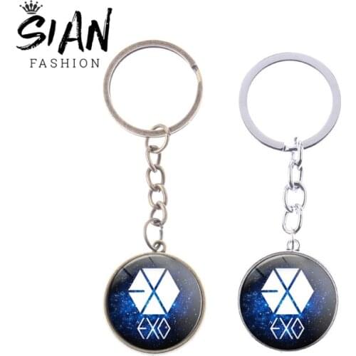 SIAN KPOP EXO Keychain Bag Charm Trendy Logo 3D Printed Glass Cabochon Key Chain Holder Superstar Peripheral Jewelry Accessories