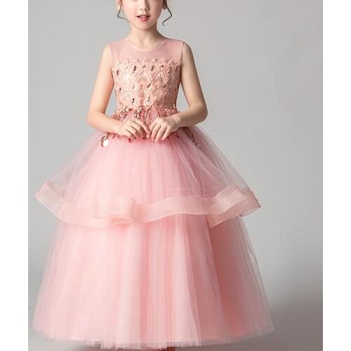 Kids Dresses For Girls Wedding Party Frock Flower Sequins Gown Princess Evening Summer Dress Childrens Layered Mesh Dress