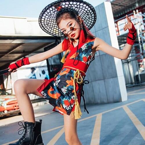 Jazz Dance Costumes Girls Chinese Cheongsam Dress Cheerleading Street Dancing Suit Child Hip Hop Performance Clothing