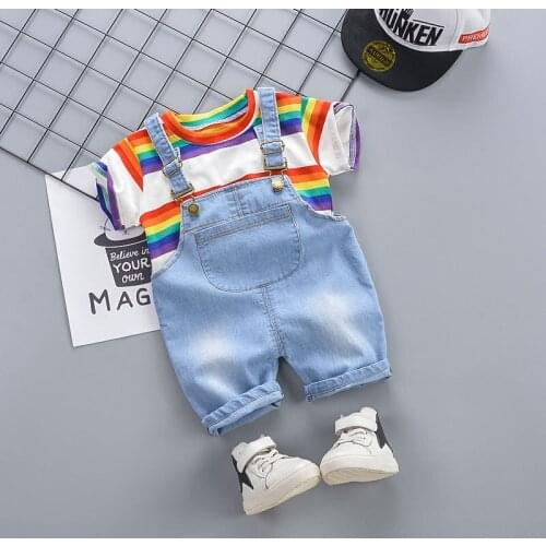 Baby Girls Cotton Cloth Children Strips rainbow T Shirt wing Bib Pants overalls 2Pcs/sets Infant Kids Fashion Toddler Tracksuits