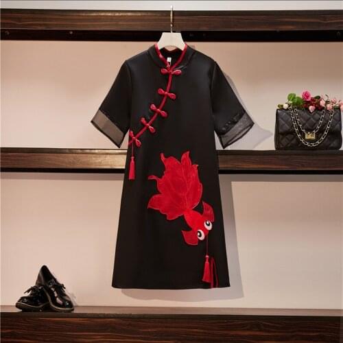 Chinese Cheongsam 2020 Summer Elegant Womens Short Sleeves Embroidery Fish Dress Female Dresses A3861