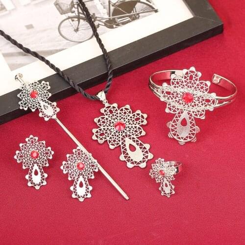 Bright Silver Ethiopian Set jewelry Eritrea Habesha Pendant Rope Chain Jewelry Silver Plated African Wedding Bride