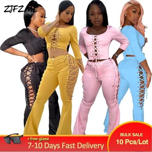 Bulk Items Wholesale Lots Womens Tracksuit 2 Pcs Suit Lace Up Drawstring Slm Fit Short T-shirt and High Waist Flare Trouser Y2K