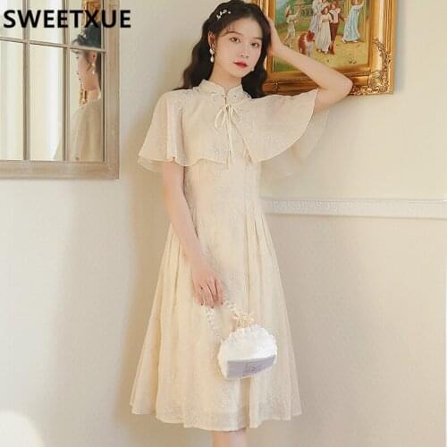SWEETXUE Summer Cheongsam Shawl Dress Women Elegant Fashion Embroidered Improved Vintage Dresses Female 2021 Chic Robe Mujer