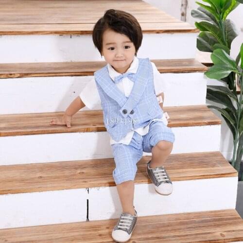 Summer Baby Boys Plaid Gentleman Suit Set Child Short-sleeved Shirt Vest Pants 3pcs Clothes Set Toddler Kids Party Dress Costume