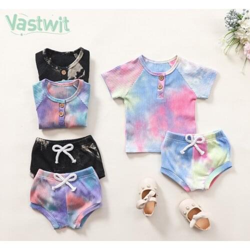 Summer Newborn Baby Boys Ribbed Knitted Clothes 2Pcs Sets Short Sleeve Tie Dye T-shirt+Shorts Outfits Toddler Girls Tracksuits