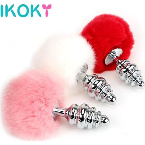 IKOKY 3 Colors Metal Butt Plug Rabbit Tail Stainless Steel Female Male Masturbation Anal Plug Bead Sex Toys for Women Men Gay