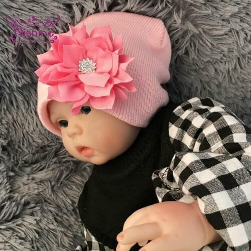 Nishine Shining Rhinestone Lotus Baby Girls Hats Solid Color Handmade Knitting Cotton Infant Caps Fashion Warm Children Bonnet