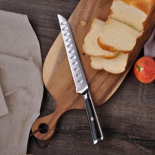 SUNNECKO Damascus 8'' Bread Knife Japanese VG10 Core Steel Blade Chefs Kitchen Knives G10 Handle Sharp Cake Cutter Slicing Tool