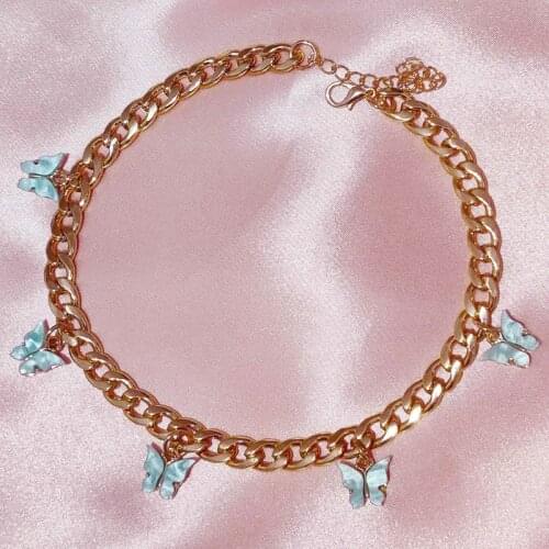 Punk Gold Silver Color Chain Choker Necklace for Women Cute Purple Butterfly Pendant Statement Necklace Women Fashion Jewelry