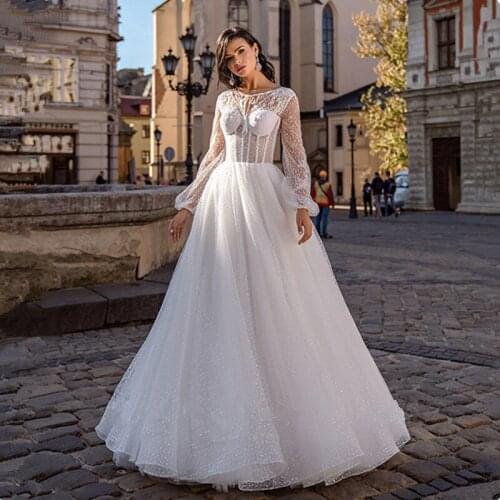 Sexy Transparent Long Sleeve A Line Wedding Dress 2020 Romantic Straps Neck Chiffon Sequins Wedding Bridal Gowns Robe De Mariee