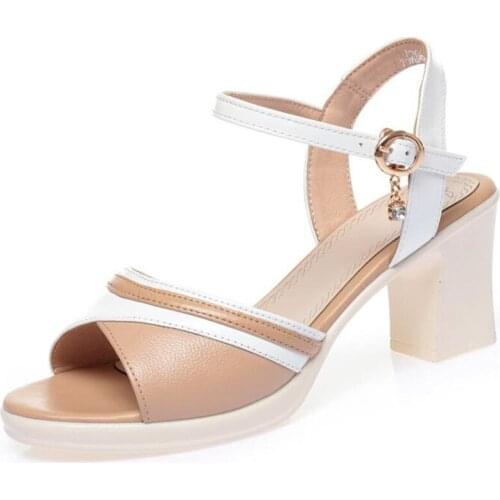 2020 New Spell Color Fish Mouth Summer Shoes Woman High Heel Sandals Fashion Elegant Genuine Leather Sandals Women Sandal Shoes