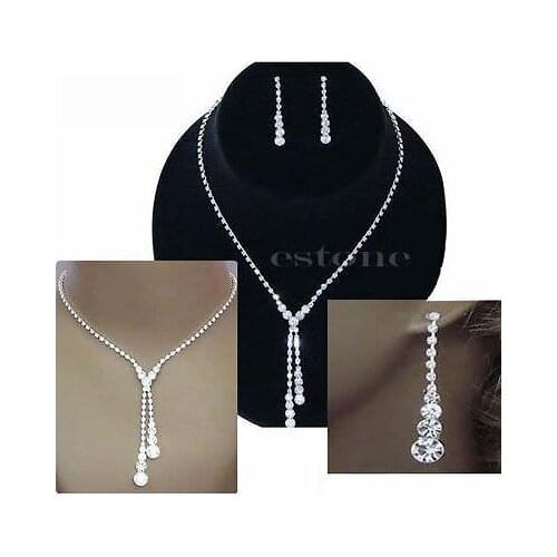 Wedding Bridal Rhinestone Drop Pendant Crystal Necklace Earrings Jewelry Set for Women 2020