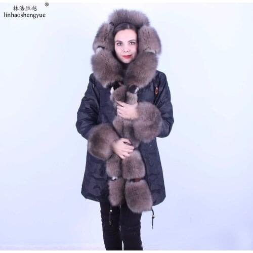 Linhaoshengyue Women Long Parka Coat with Fox Fur Collar Mink Fur Linink Camouflage Parka Coat