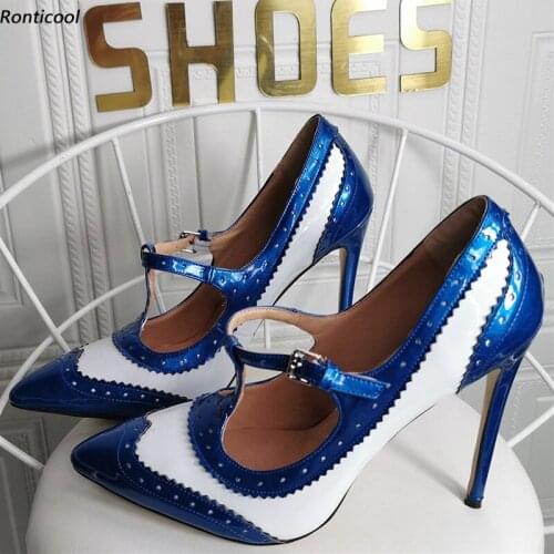 Ronticool Handmade Women T-Strap British Pumps Glossy Stiletto Heel Pointed Toe Gorgeous Blue Red Party Shoes US Plus Size 5-15