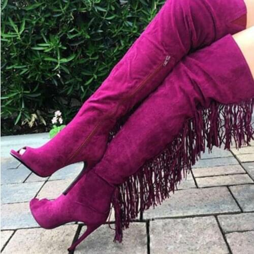 Sexy Ladies Long Tassel Over The Knee Boots Women Thin High Heel Peep Toe Female Fringe High Heels Side Zipper Motorcycle Boots