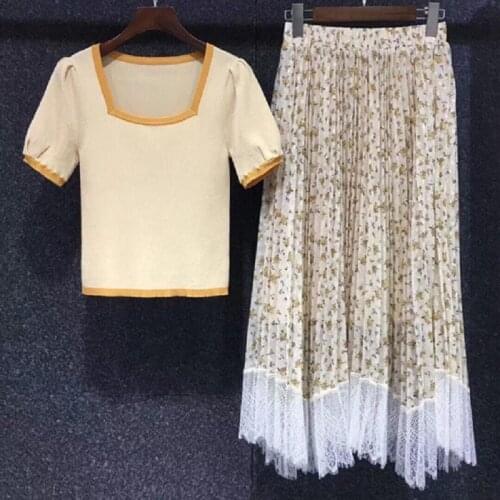 High Quality Sweater Sets 2021 Autumn Women Square Collar Knitted Pullovers+Lace Patchwork Long Pleated Skirt Sets Casual 2pc