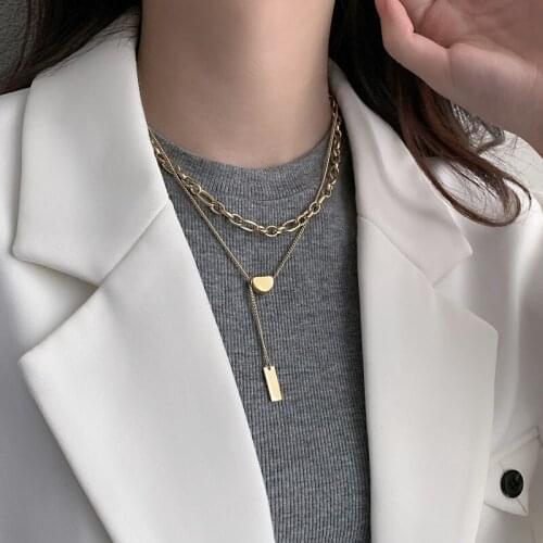 TIMEONLY Hip Hop Double Layering Titanium Steel Choker Necklace 2021 New Hollow Chunky Chain Necklaces for Women Ladies Jewelry