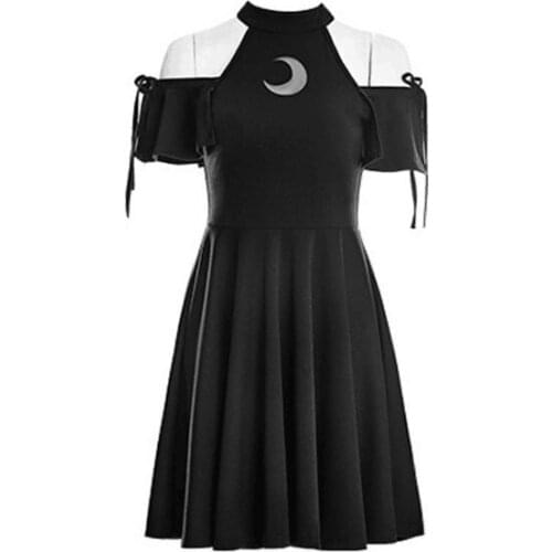 New Arrival Women Dress Fashion Gothic Punk Style Sexy Club Heart Moon Hollow Out Off Shoulder Black Dresses
