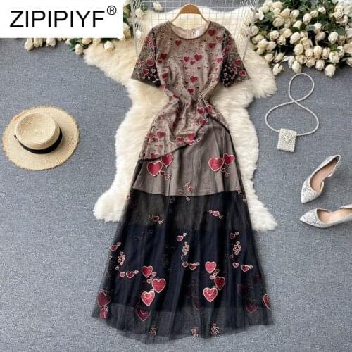 Summer Dress Vintage Floral Embroidery Mesh Tulle Midi Dress Round Neck Short Sleeve Party Dresses Women Evening Elegant D033