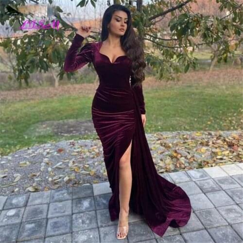 Arabic Mermaid Evening Dress Long Sleeve Side Split Soft Velvet Prom Dresses Long Women Party Gowns 2021