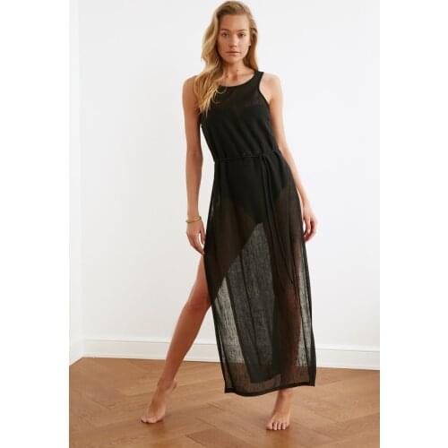 Black With Deep Slit Knitted Beach Dress Sexy Hollow out Knitted Beach Maxi Dress Deep V neck Side Slit Beach tunic 2021 Robe De