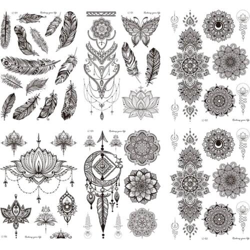 Black Lace Pattern Rose Peony Flower Girls Temporary Tattoos for Waterproof Tattoo Stickers 3D Blossom Lady Shoulder DIY