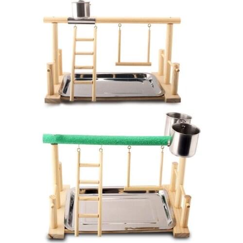 Wood Parrot Playstand Perch Playstand Gym Stand Playpen Ladder with Feed Cups Tray Cockatiel Bird Exercise Play Toy