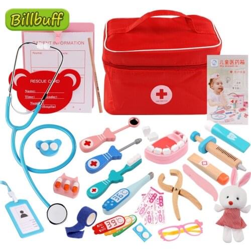 Hot Doctor Toys for Children Sets Kids Wooden Pretend Play Kit Games for Girls Boys Red Medical Dentist Medicine Box Cloth Bags
