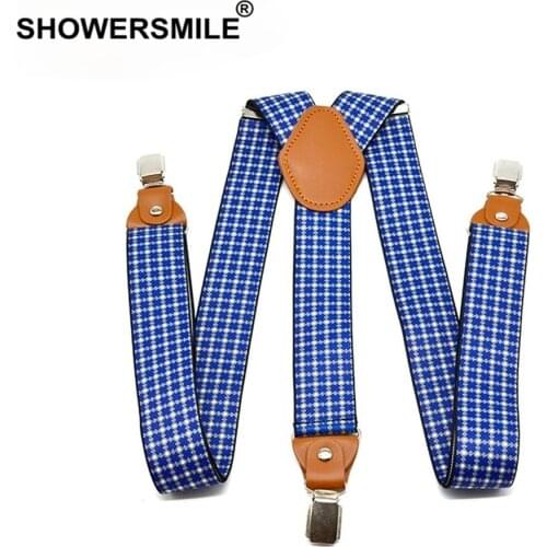 Mens Trousers Belt With Leather Blue Plaid Business Suspenders Men Wide Adjustable Elasitic Braces 3 Clips Straps 120cm*3.5cm