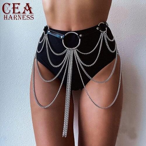 CEA Gothic Bondage Body Harness Chain Sexy Garter Belt Stockings Chest Harness Womens Suspenders Leather Harness Lingerie
