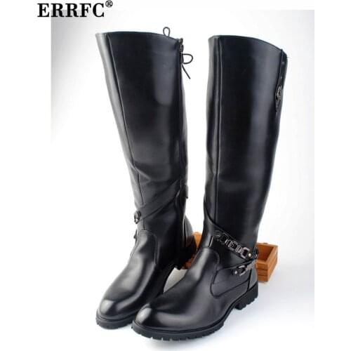 ERRFC New Arrival Men Black Long Knee Boots Round Toe Buckle High Top Casual PU leather Shoes For Motorcycle Zapatos Size 38-44