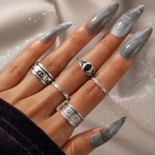 Docona Vintage Antique Silver Color Ring Elephant Carving Rings Sets Knuckle Anillos Anel Rings Jewelry Accessories 6222