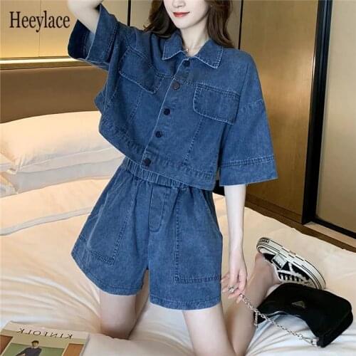 Women Denim Sets Summer 2021 New 2 Piece Set Solid Short Sleeve Coat + Shorts Jeans Sets Office Lady Elegant Female Denim Suits