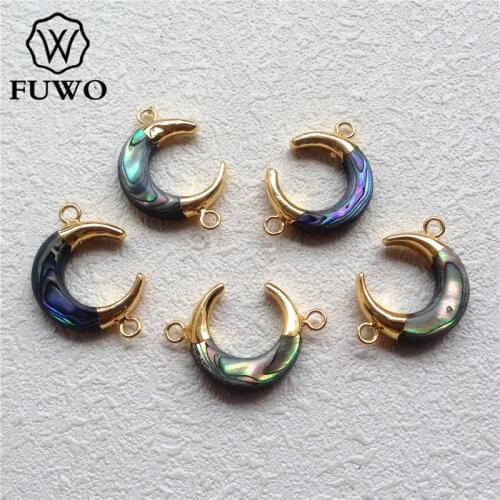 FUWO Abalone Shell Crescent Connector With 24K Gold Filled Fashion Double Bails Seashell Pendant Jewelry Making Supplies PD557