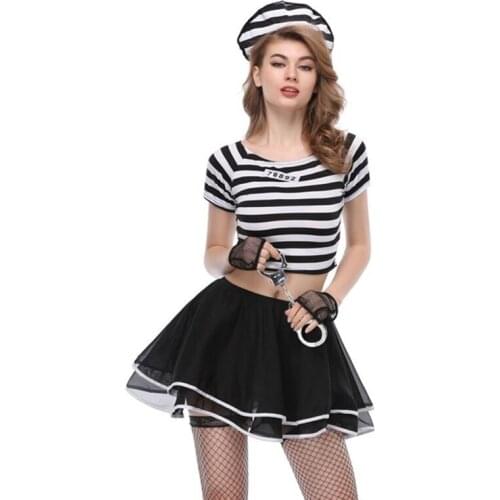 Sexy Black Striped Prisoners Cosplay Costume T Shirt Skirt Set Girls Women Halloween Game Stage Bar Police Costumes