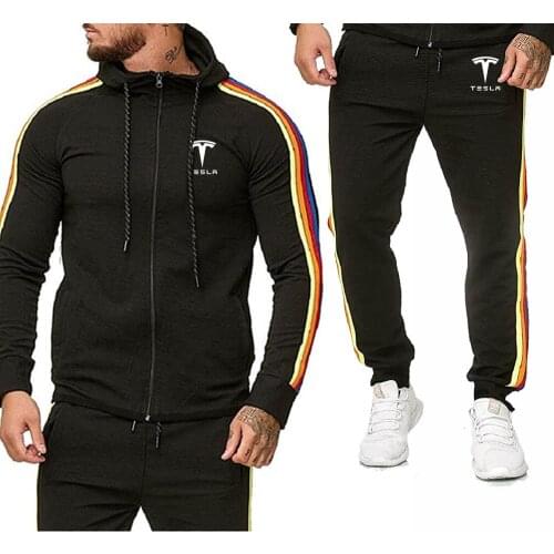 2021 New Spring Autumn Mens Hoodies Tesla car logo Print cotton Mens sweatshirt + sweatpants Suit 2pcs