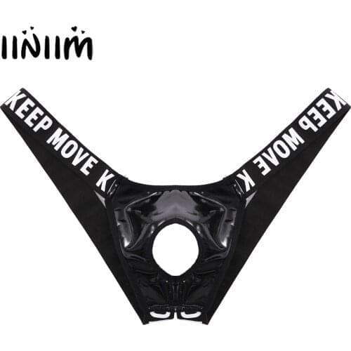 Mens Leather Shorts Hollow Out Patent Leather Bulge Pouch Jockstrap T-Back Letter Print Waistband G-string Thongs Underwear