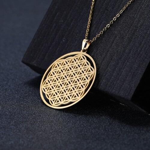 Teamer Flower of Life Pendant Necklace Round Stainless Steel Jewelry Sacred Geometry Vintage Women Men Amulet Accessories