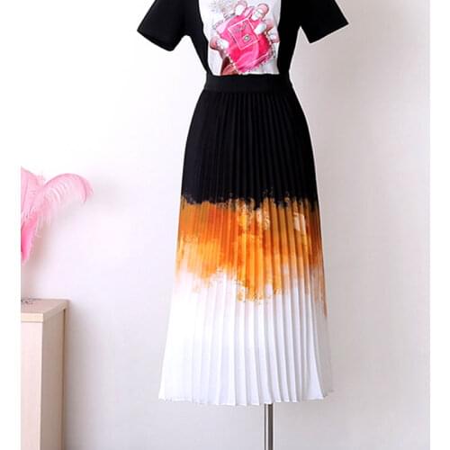 Qooth Gradient Color Pleated Chiffon Skirt Mid-length A-line Elastic Waist Skirt High Waist All Match Striped Causal Skirt QT728