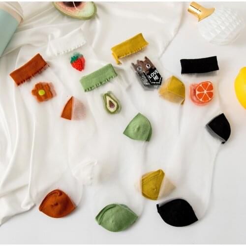 Transparent Silk Short Ultra Thin Socks Grapefruit Blood Orange Love Me Bear Flower Strawberry Avocado Light Breathable Crystal