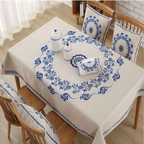 Rectangular Chinese National Style Tablecloth Printed Blue and White Pattern Table Cover Waterproof Home Party Decoration