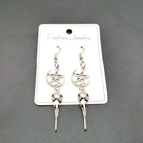 New Moon Goddess Black Birthstone Earrings and Pentagram Crow Skull Moon Earrings Gothic Celestial Jewelry-Crow Jewelry