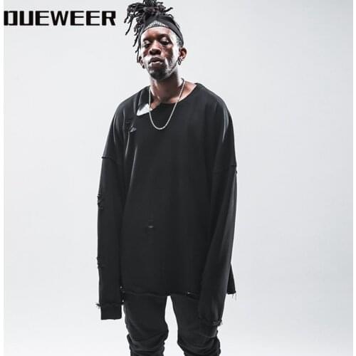 Dueweer Mens Ripped Sweatshirt Oversized Streetwear Distressed Pullovers Sweatshirts Hip Washed Hole Hoodies Sweatshirt