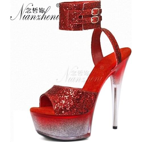 6 inches Super Big Size High heeled shoes Flash powder Bling Hollow Red 15CM Bride Wedding Sexy Fetish All match Mature Sandals