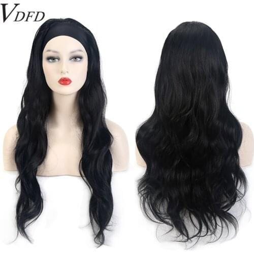 VDFD Long Black Wavy Headband Wig Synthetic for Black Women Natural Hair Body Wave Headwraps Hair Wig for Daily