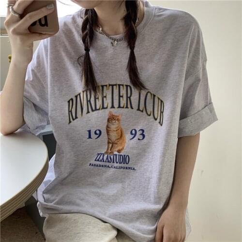 Summer 2021 new retro cat print loose and thin short-sleeved t-shirt womens top tide wild college style