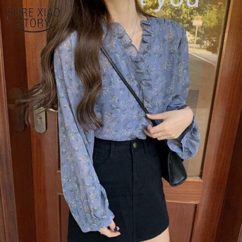 Autumn New Korean Elegant Floral V-neck Chiffon Shirt Women Long-Sleeve Cardigan Shirt Puff Sleeve Shirt Chemisier Femme 10314